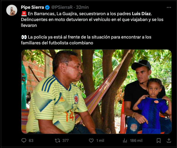 Secuestran a los padres de Luis D&iacute;az | Twitter
